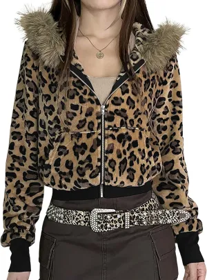 BAIMORE Women's Y2k Vintage Faux Fur Hood Zip Up Leopard Print Long Sleeve Slim Hoodie