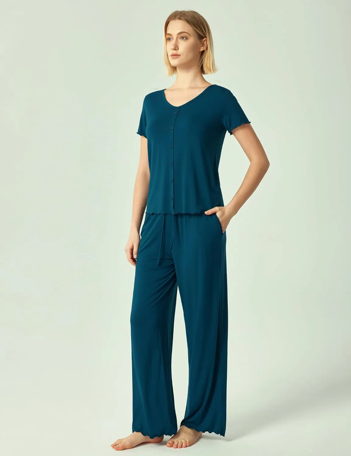 Bamboo Viscose Pajama Sets for Women Short Sleeve Tops and Wide Leg Pants 2 Piece Sleep Set