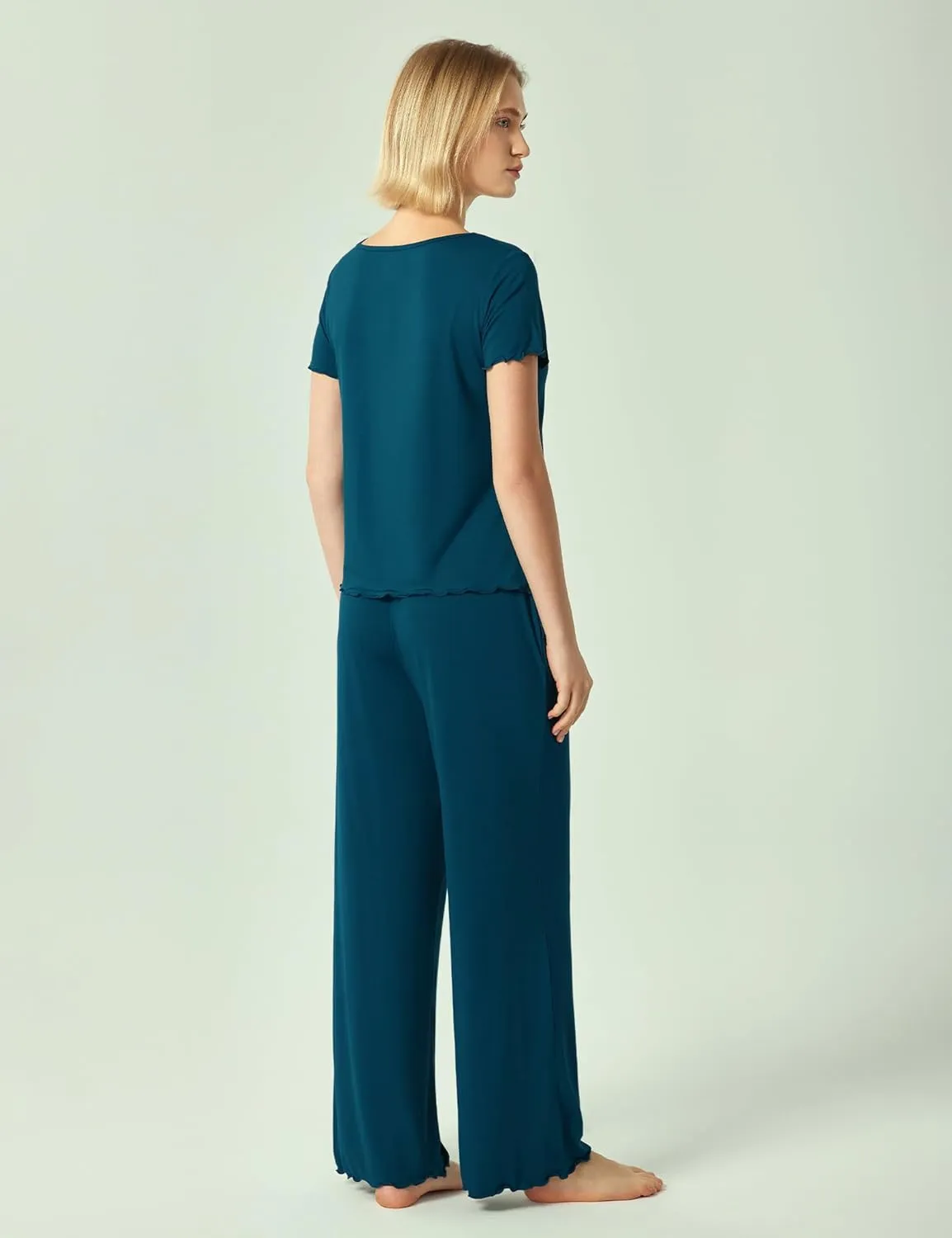 Bamboo Viscose Pajama Sets for Women Short Sleeve Tops and Wide Leg Pants 2 Piece Sleep Set