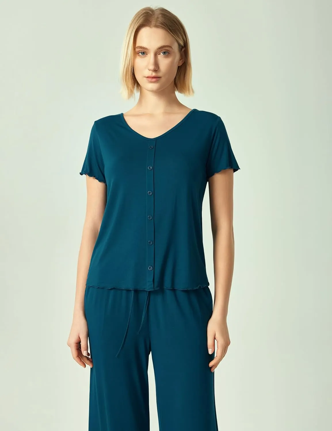 Bamboo Viscose Pajama Sets for Women Short Sleeve Tops and Wide Leg Pants 2 Piece Sleep Set