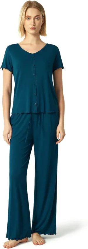 Bamboo Viscose Pajama Sets for Women Short Sleeve Tops and Wide Leg Pants 2 Piece Sleep Set