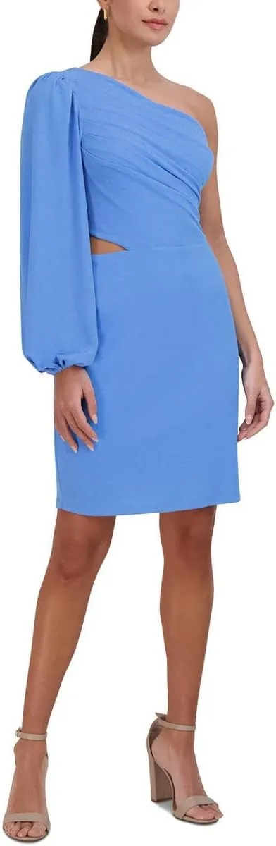 BCBGeneration Women's One Long Sleeve Bodycon Mini Dress Asymmetrical Neck Shirred Bodice Side Cut Out
