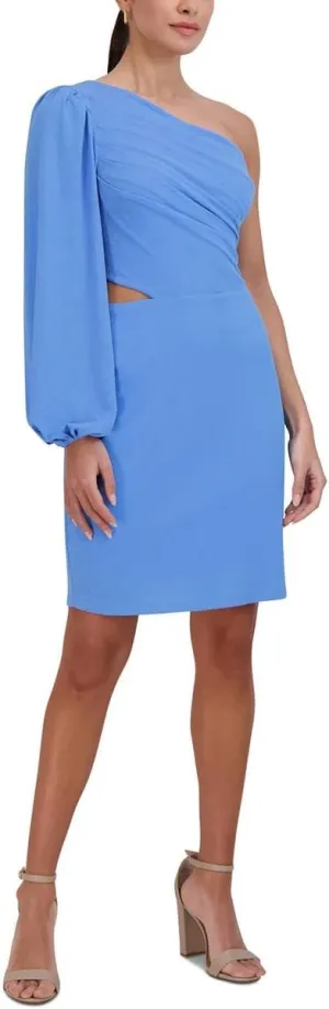 BCBGeneration Women's One Long Sleeve Bodycon Mini Dress Asymmetrical Neck Shirred Bodice Side Cut Out