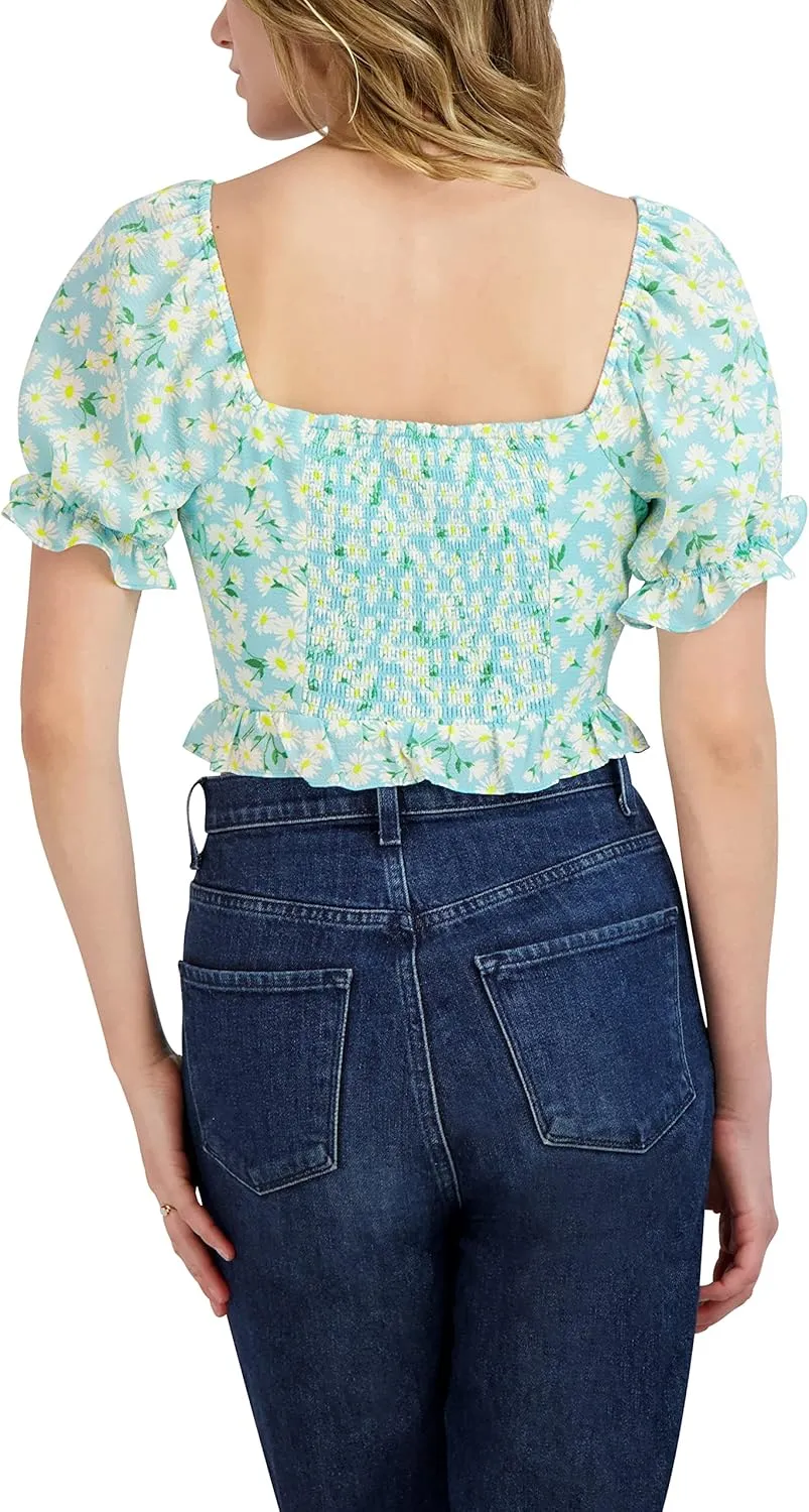 BCBGeneration Women's Short Sleeve Slim Fit Tie Front Ruffle Hem Smocked Back Crop Top