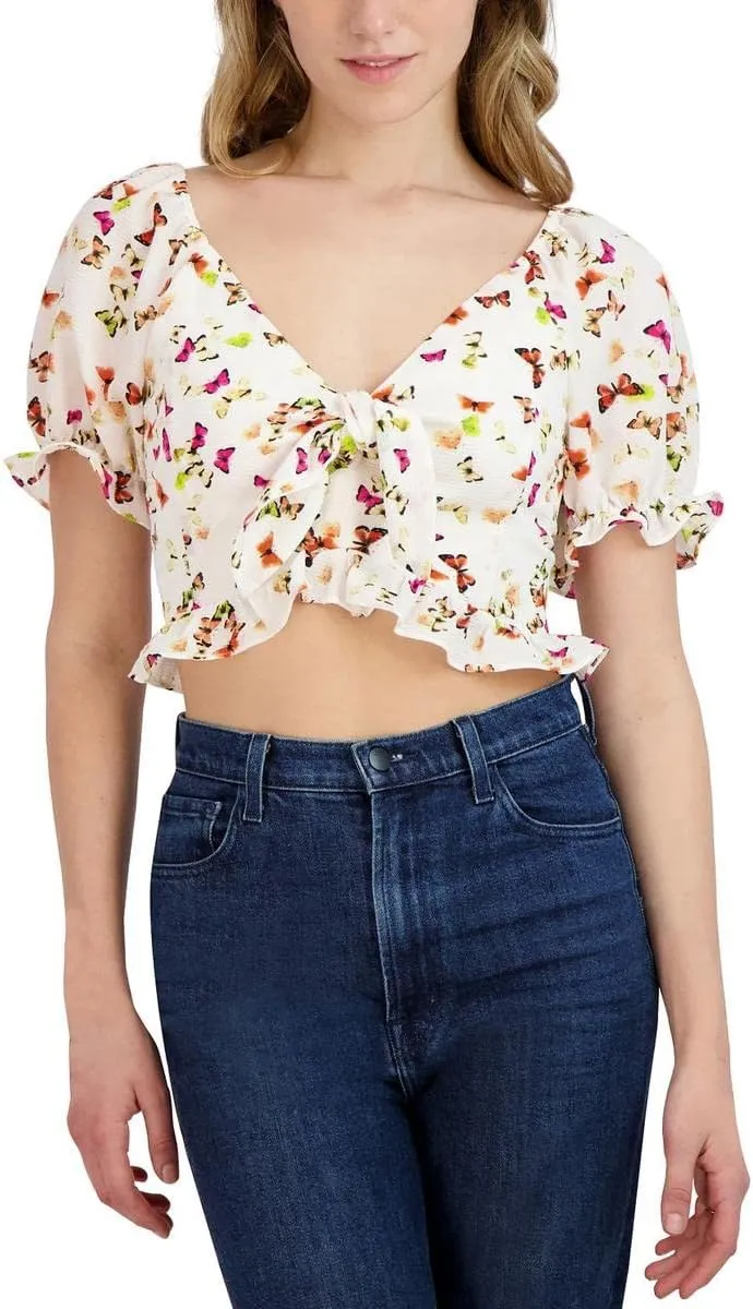 BCBGeneration Women's Short Sleeve Slim Fit Tie Front Ruffle Hem Smocked Back Crop Top