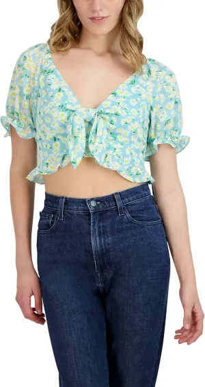 BCBGeneration Women's Short Sleeve Slim Fit Tie Front Ruffle Hem Smocked Back Crop Top