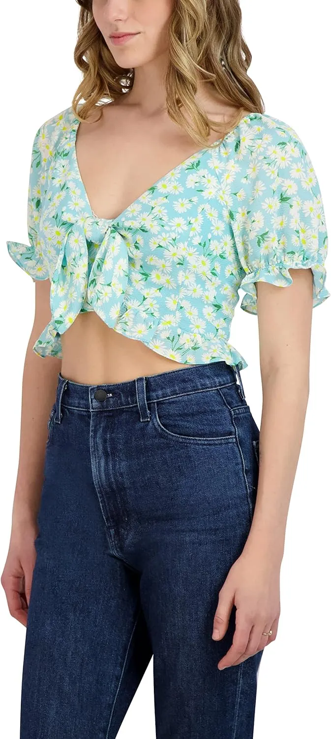 BCBGeneration Women's Short Sleeve Slim Fit Tie Front Ruffle Hem Smocked Back Crop Top