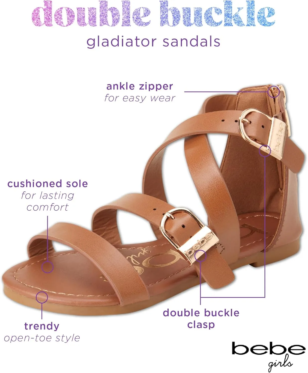 bebe Girls Sandals - Open Toe Summer Easter Strappy Flat Dress Gladiator Sandals with Cushioned Sole
