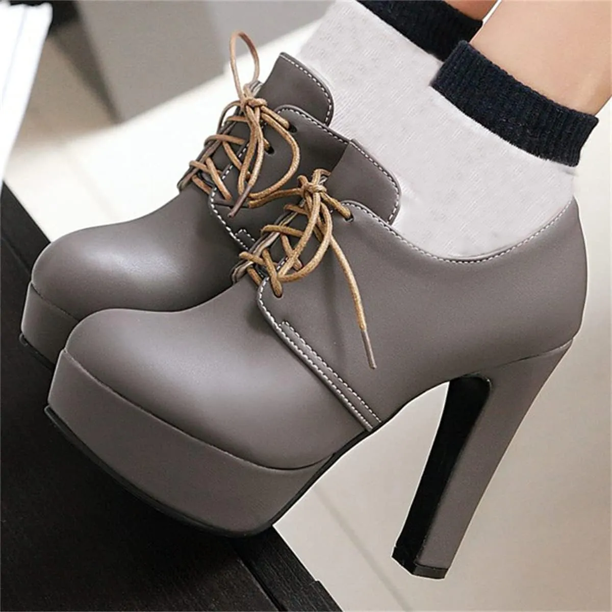 Betastella Women's Chunky Platform Booties Lace Up High Block Heel Ankle Boots