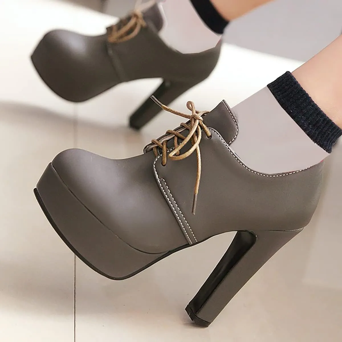 Betastella Women's Chunky Platform Booties Lace Up High Block Heel Ankle Boots