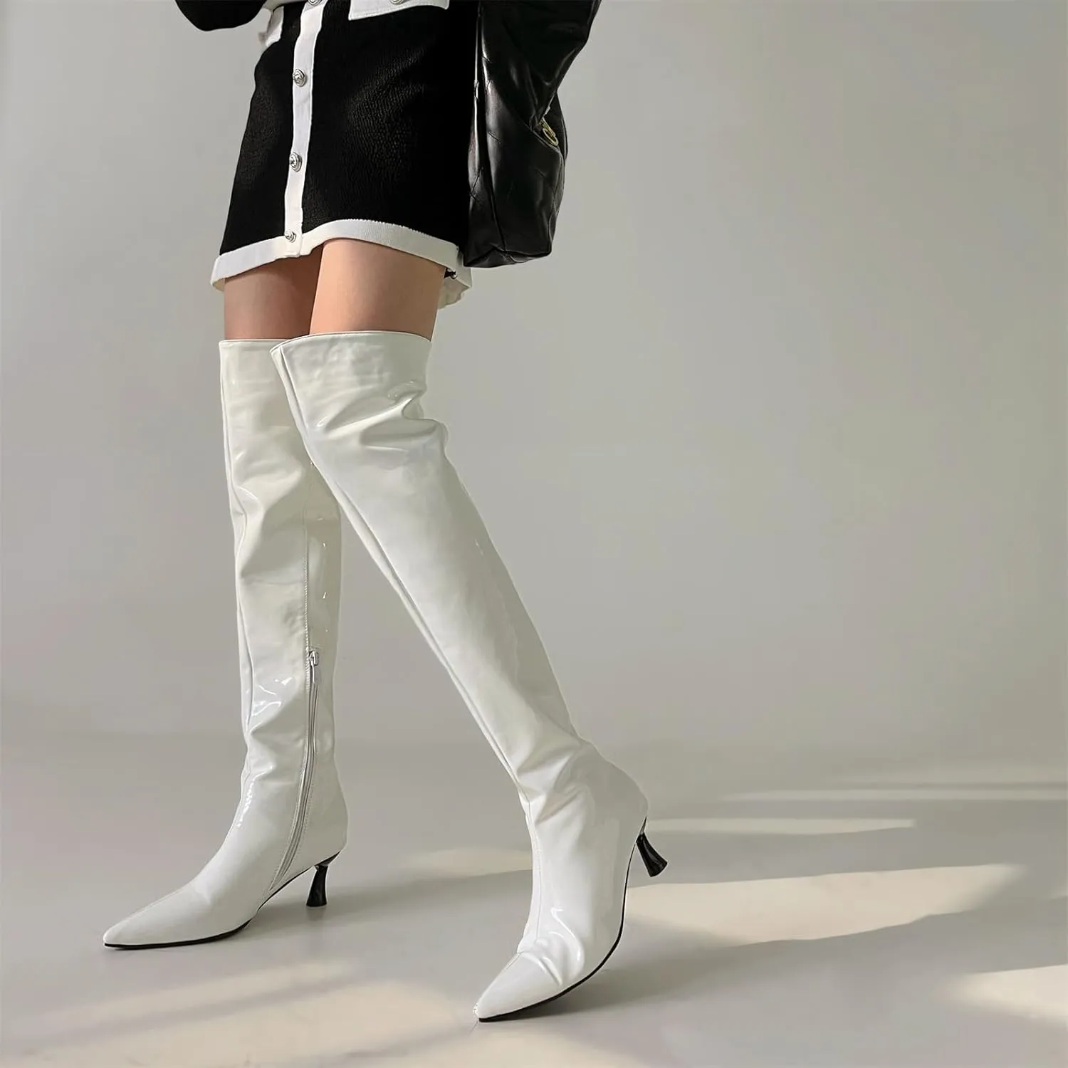 Betastella Women's Low Kitten Heel Thigh High Boots Patent Leather Pointed Toe Over The Knee High Boots