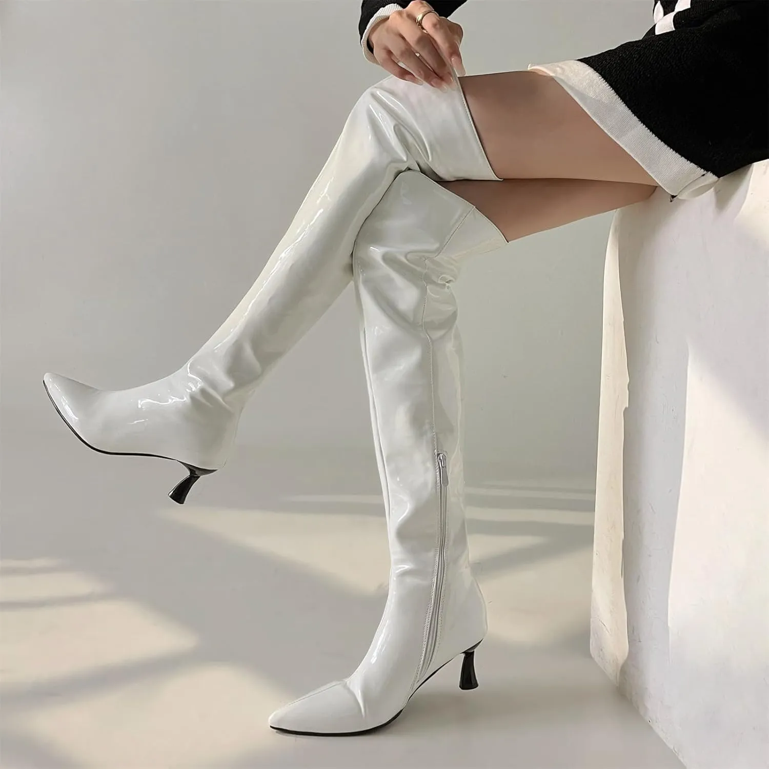 Betastella Women's Low Kitten Heel Thigh High Boots Patent Leather Pointed Toe Over The Knee High Boots
