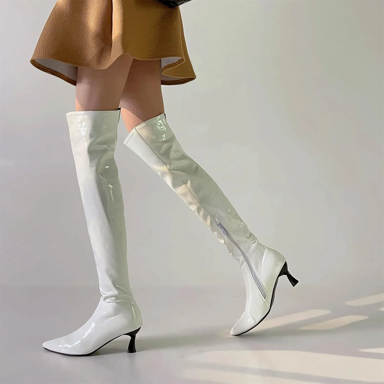 Betastella Women's Low Kitten Heel Thigh High Boots Patent Leather Pointed Toe Over The Knee High Boots