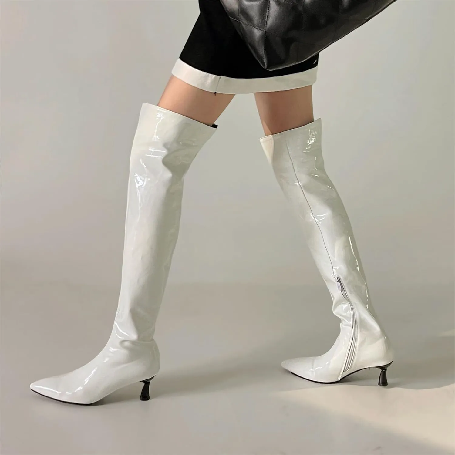 Betastella Women's Low Kitten Heel Thigh High Boots Patent Leather Pointed Toe Over The Knee High Boots