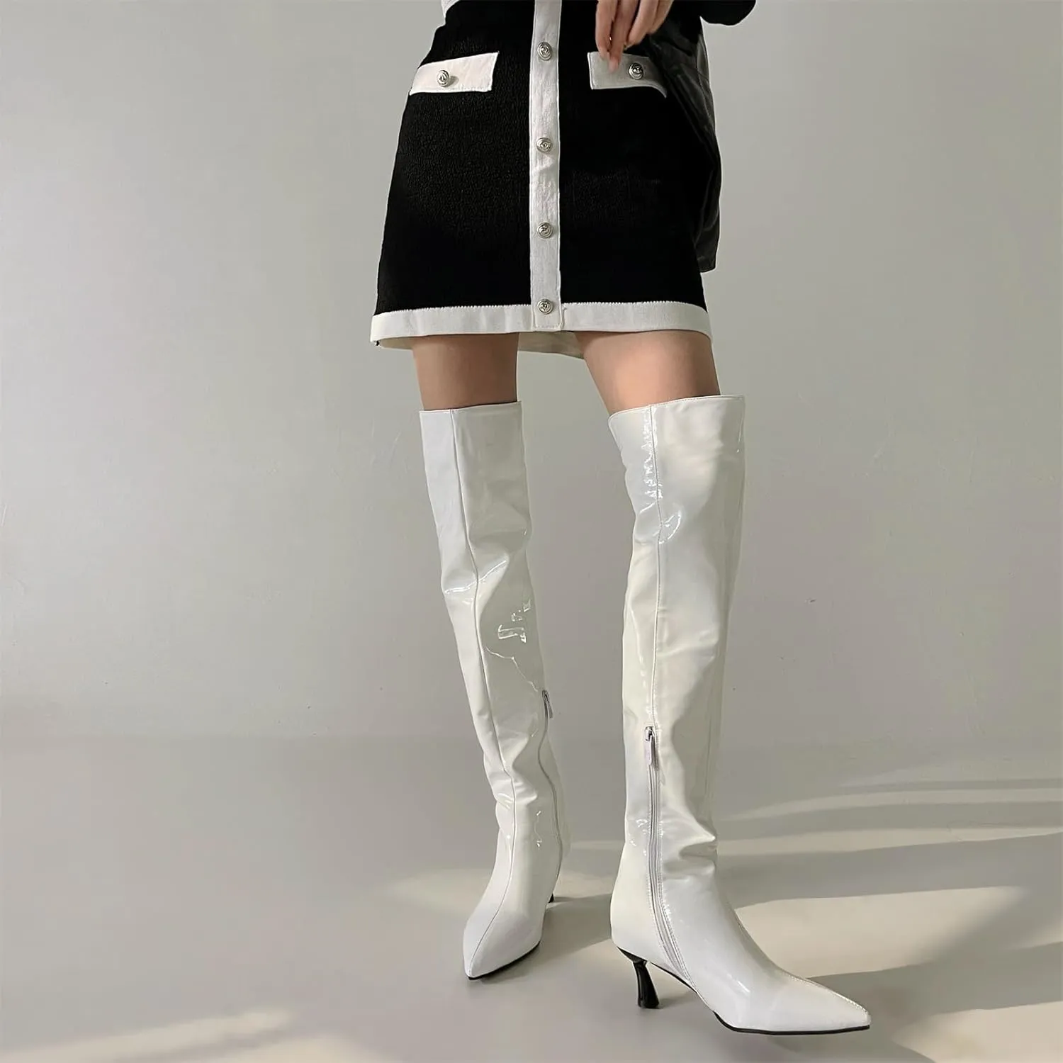 Betastella Women's Low Kitten Heel Thigh High Boots Patent Leather Pointed Toe Over The Knee High Boots