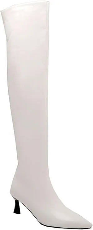 Betastella Women's Low Kitten Heel Thigh High Boots Patent Leather Pointed Toe Over The Knee High Boots
