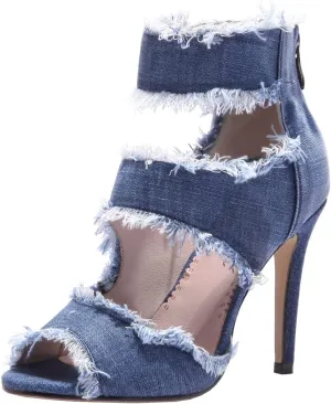 Betastella Women's Peep Toe Stiletto Denim Sandals Summer Booties Lace Up Thin Heels Back Zip Tassel Pumps