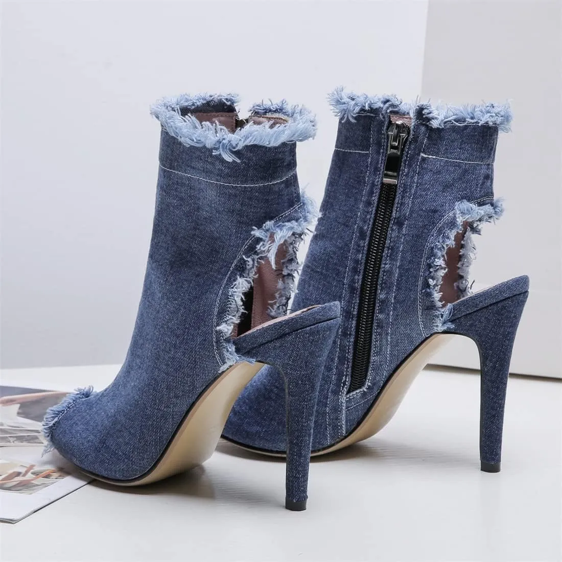 Betastella Women's Peep Toe Stiletto Denim Sandals Summer Booties Lace Up Thin Heels Back Zip Tassel Pumps
