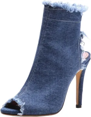 Betastella Women's Peep Toe Stiletto Denim Sandals Summer Booties Lace Up Thin Heels Back Zip Tassel Pumps