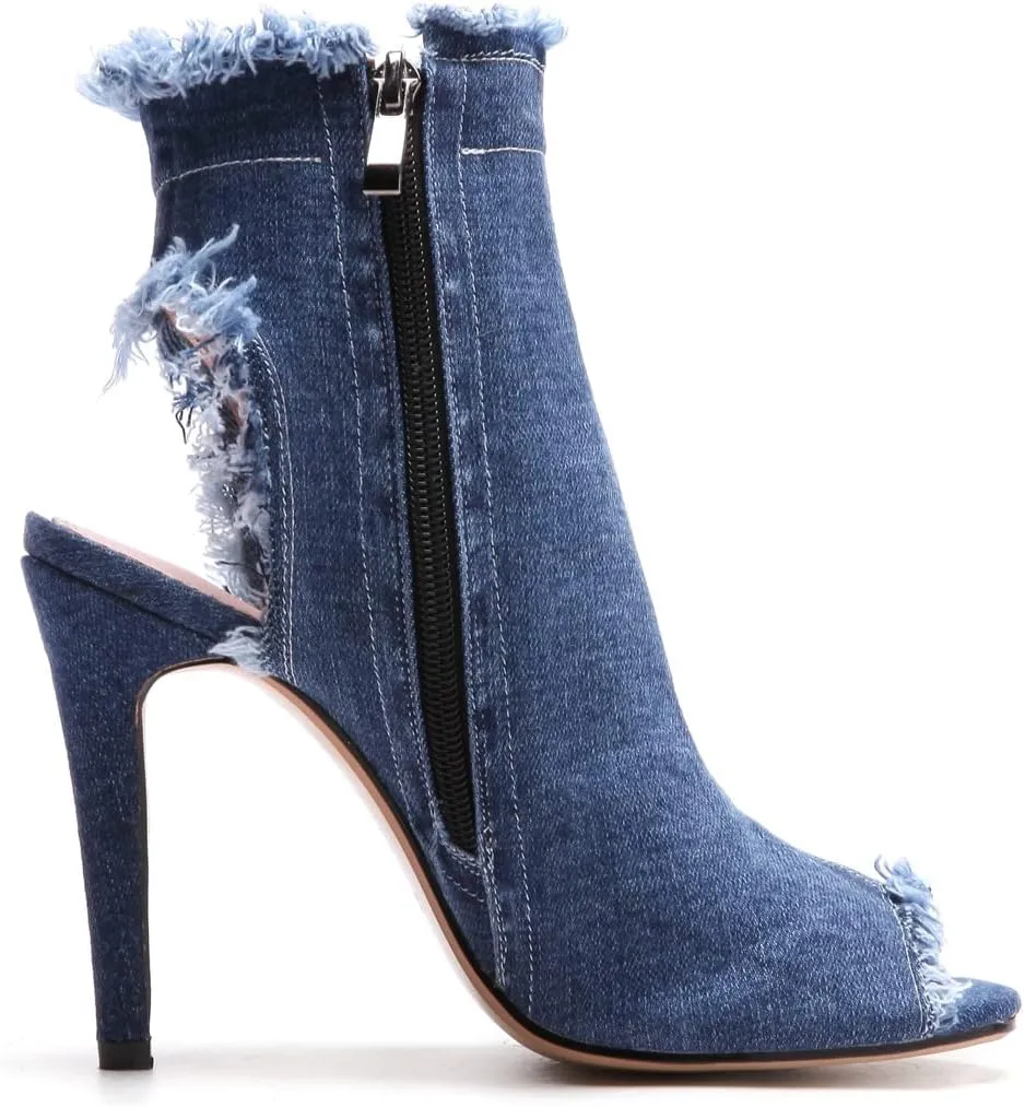 Betastella Women's Peep Toe Stiletto Denim Sandals Summer Booties Lace Up Thin Heels Back Zip Tassel Pumps