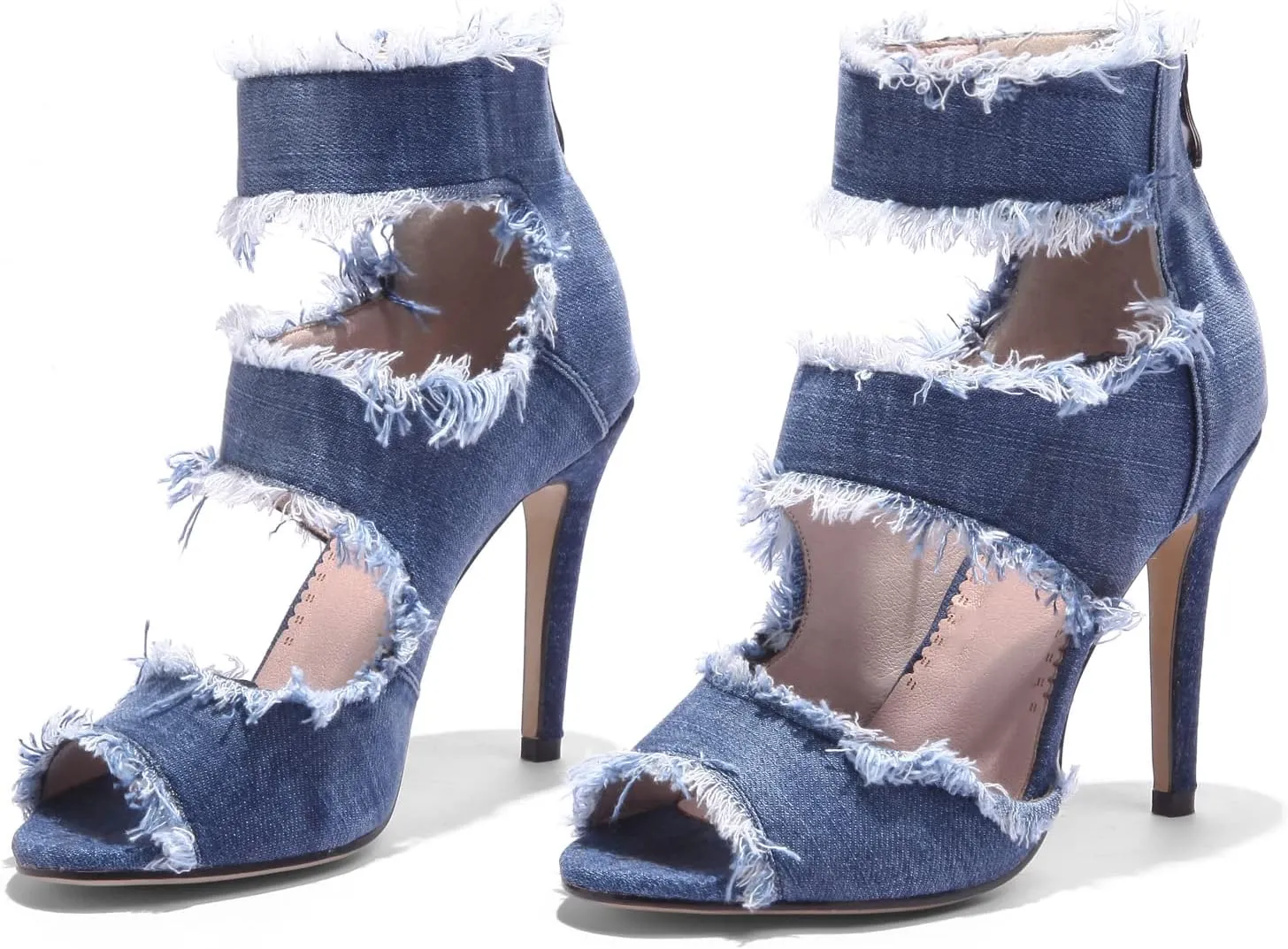 Betastella Women's Peep Toe Stiletto Denim Sandals Summer Booties Lace Up Thin Heels Back Zip Tassel Pumps