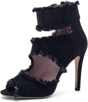 Betastella Women's Peep Toe Stiletto Denim Sandals Summer Booties Lace Up Thin Heels Back Zip Tassel Pumps