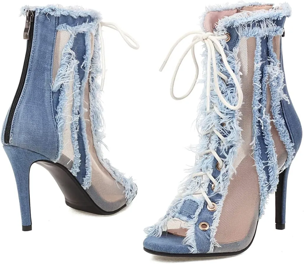 Betastella Women's Peep Toe Stiletto Denim Sandals Summer Booties Lace Up Thin Heels Back Zip Tassel Pumps