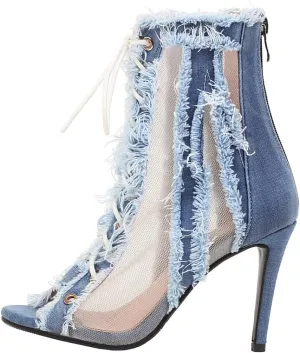 Betastella Women's Peep Toe Stiletto Denim Sandals Summer Booties Lace Up Thin Heels Back Zip Tassel Pumps