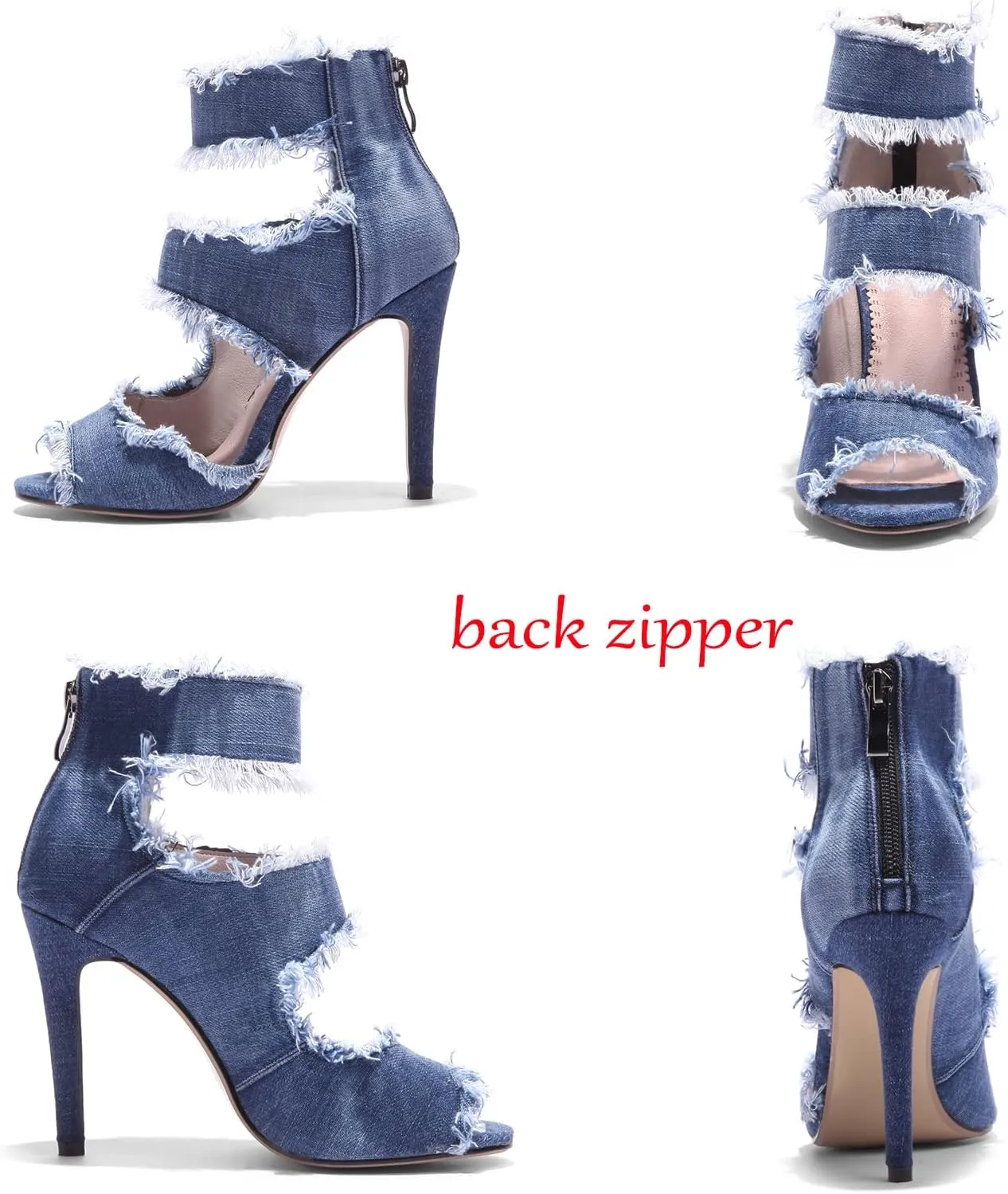 Betastella Women's Peep Toe Stiletto Denim Sandals Summer Booties Lace Up Thin Heels Back Zip Tassel Pumps