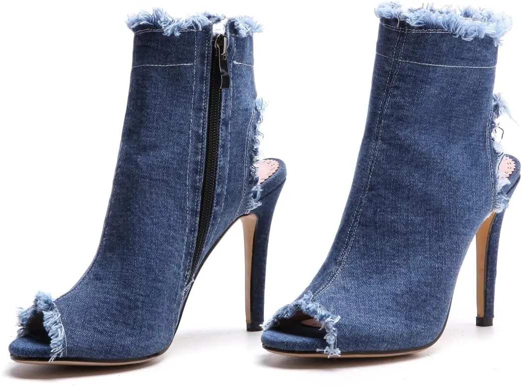 Betastella Women's Peep Toe Stiletto Denim Sandals Summer Booties Lace Up Thin Heels Back Zip Tassel Pumps
