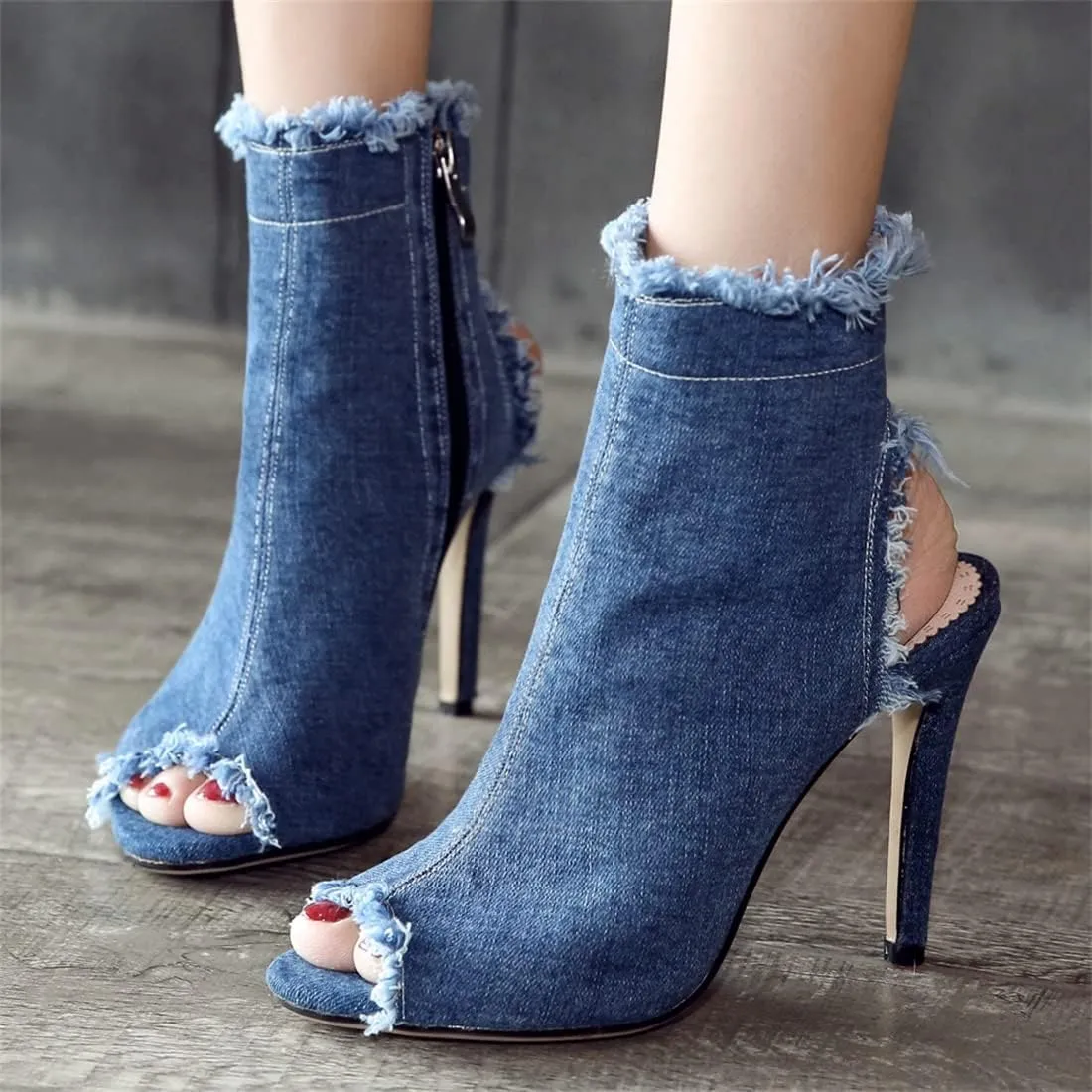 Betastella Women's Peep Toe Stiletto Denim Sandals Summer Booties Lace Up Thin Heels Back Zip Tassel Pumps