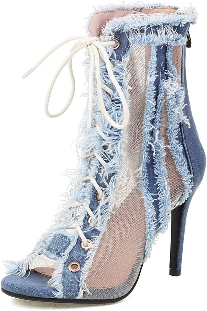 Betastella Women's Peep Toe Stiletto Denim Sandals Summer Booties Lace Up Thin Heels Back Zip Tassel Pumps