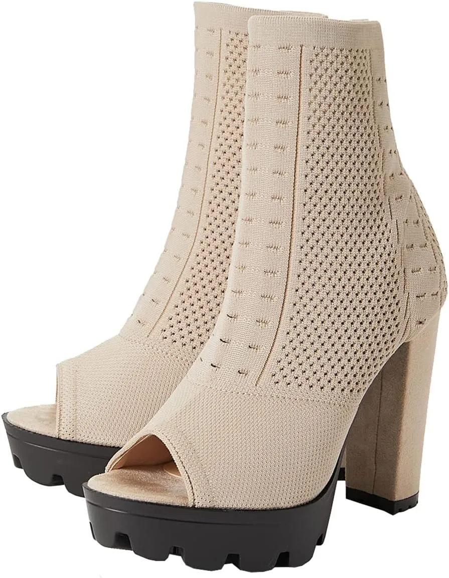 Betastella Women's Platform Chunky Peep Toe Summer Booties High Block Heel Stretch Ankle Boots Sandals