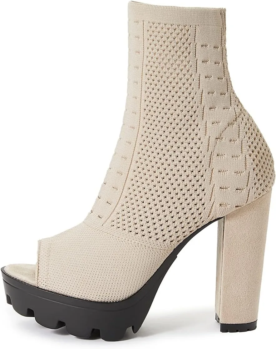 Betastella Women's Platform Chunky Peep Toe Summer Booties High Block Heel Stretch Ankle Boots Sandals