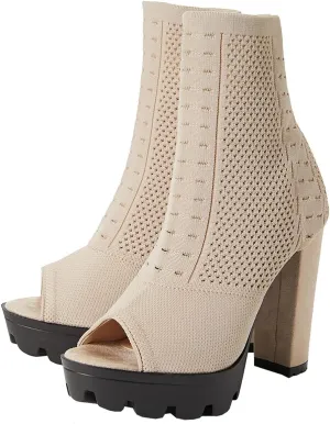 Betastella Women's Platform Chunky Peep Toe Summer Booties High Block Heel Stretch Ankle Boots Sandals