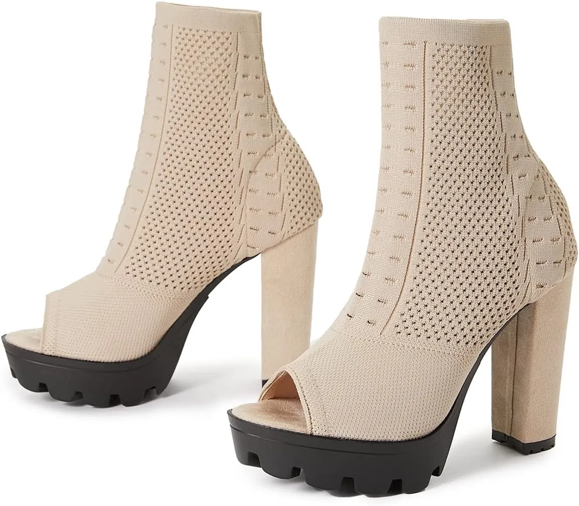 Betastella Women's Platform Chunky Peep Toe Summer Booties High Block Heel Stretch Ankle Boots Sandals