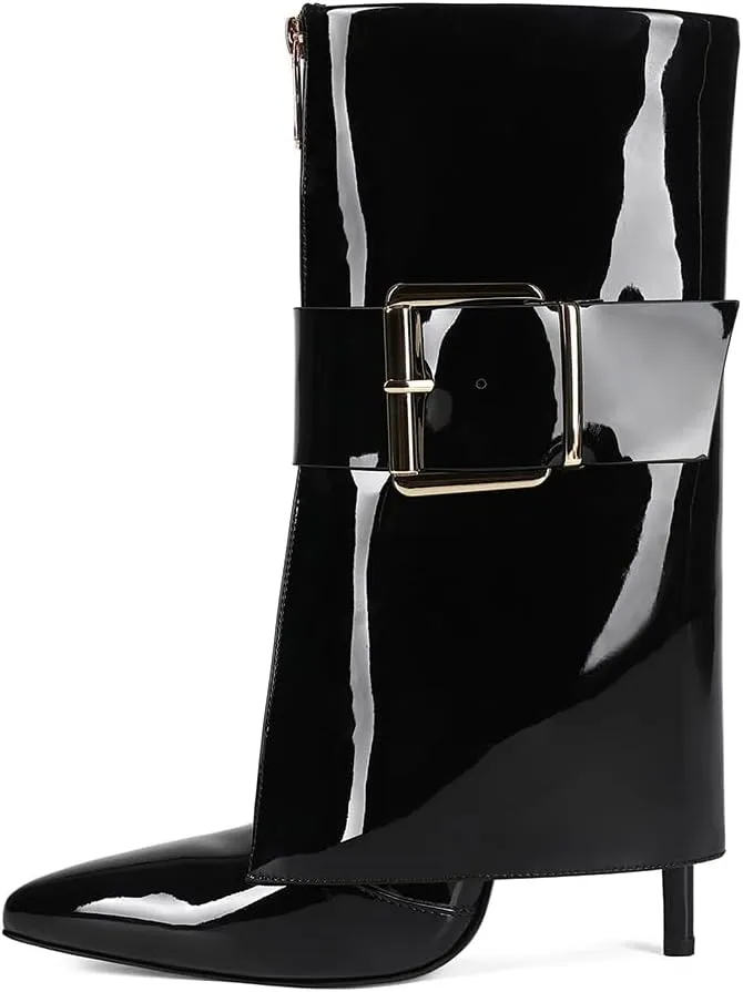 Black Fold over Boots for Women Pointed Toe Shark Boots for women High Heel Metal Buckle Boots for women Knee High Boots for Party Shoes.