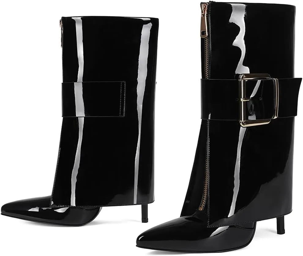 Black Fold over Boots for Women Pointed Toe Shark Boots for women High Heel Metal Buckle Boots for women Knee High Boots for Party Shoes.