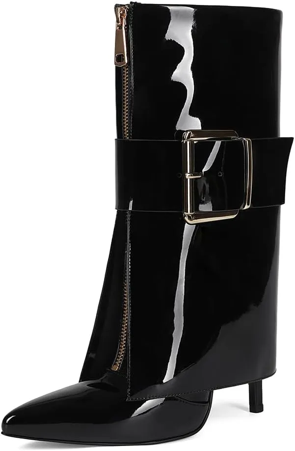 Black Fold over Boots for Women Pointed Toe Shark Boots for women High Heel Metal Buckle Boots for women Knee High Boots for Party Shoes.