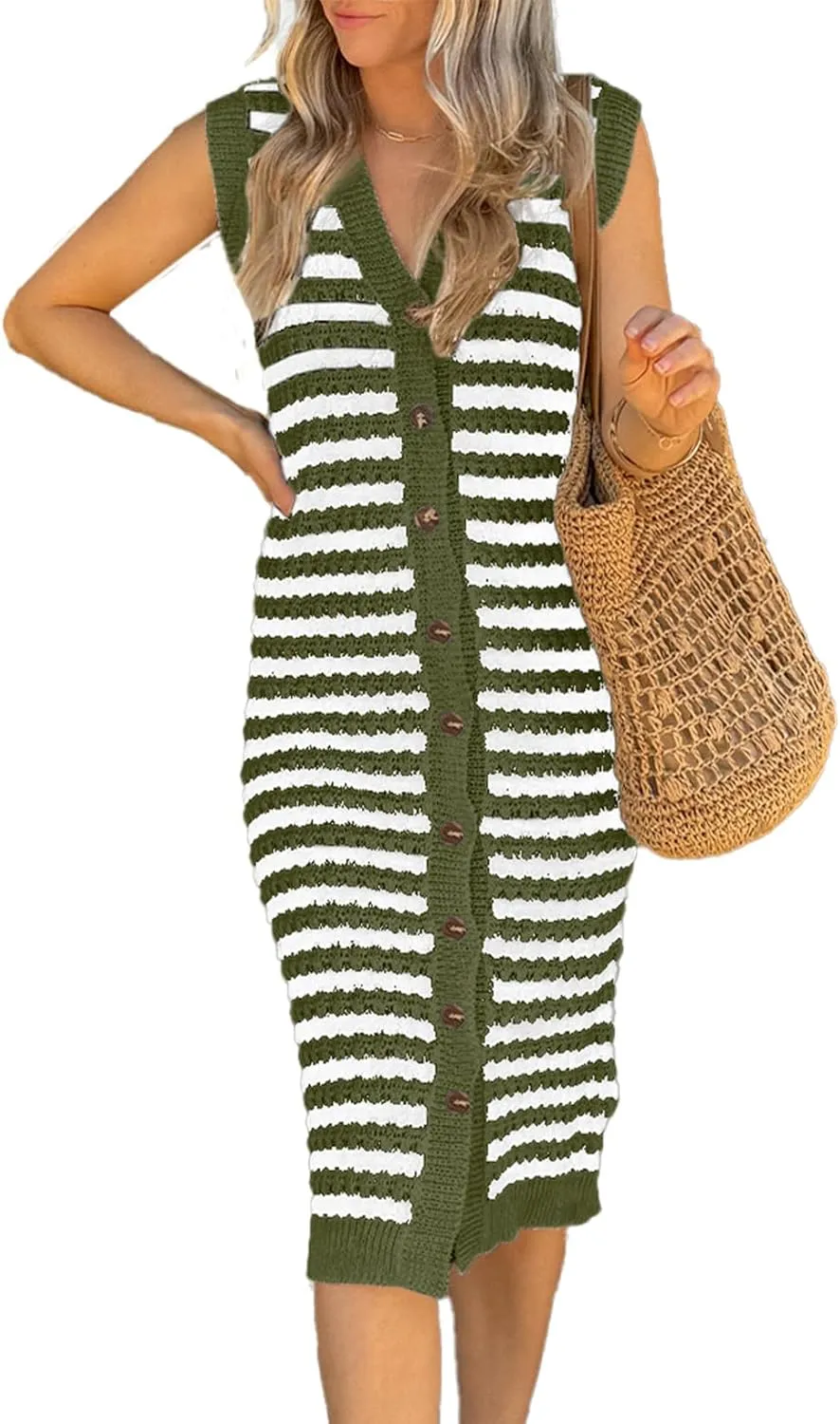 BLENCOT Women's V Neck Striped Summer Tank Dress Causal Sleeveless Button Cardigan Midi Cover Up Dresses