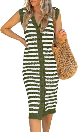 BLENCOT Women's V Neck Striped Summer Tank Dress Causal Sleeveless Button Cardigan Midi Cover Up Dresses
