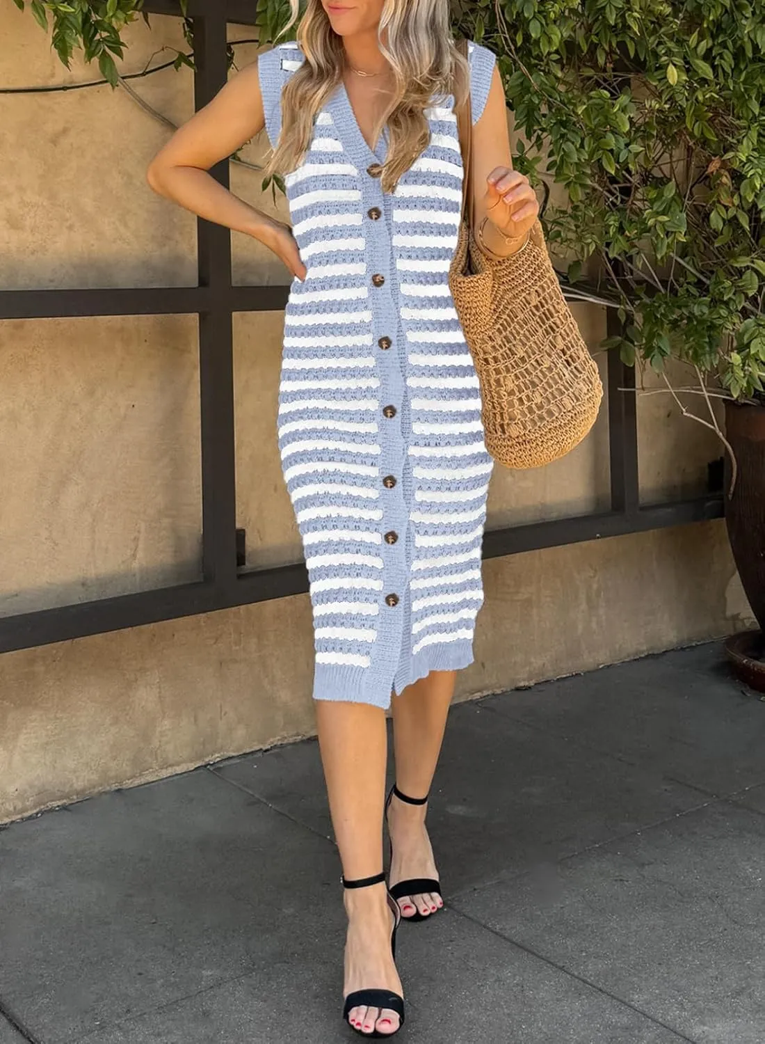 BLENCOT Women's V Neck Striped Summer Tank Dress Causal Sleeveless Button Cardigan Midi Cover Up Dresses