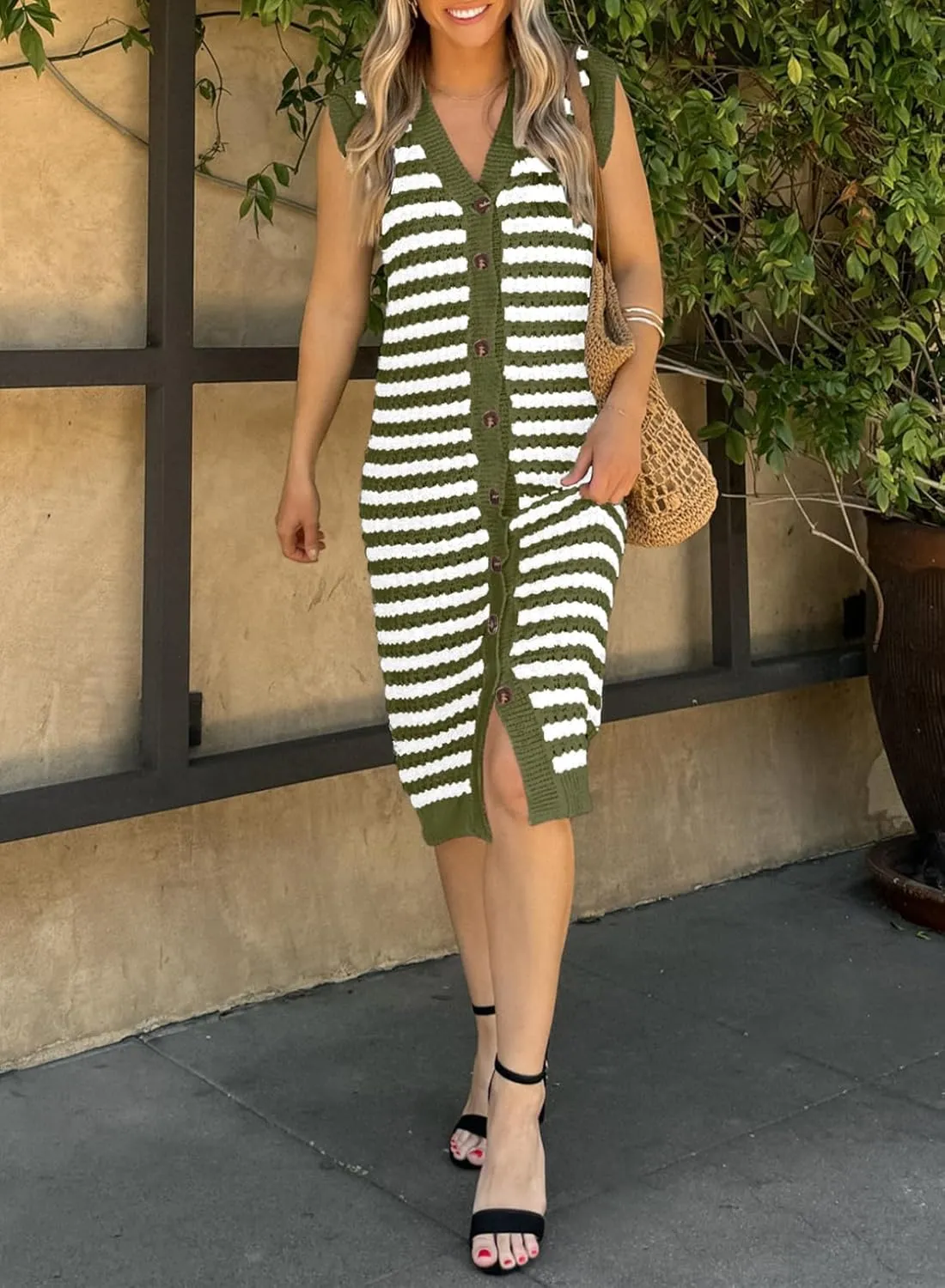 BLENCOT Women's V Neck Striped Summer Tank Dress Causal Sleeveless Button Cardigan Midi Cover Up Dresses