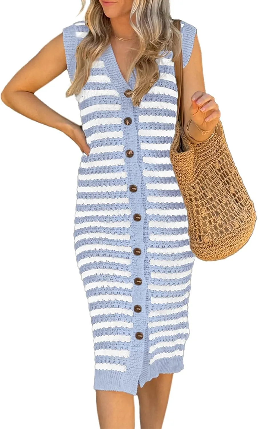 BLENCOT Women's V Neck Striped Summer Tank Dress Causal Sleeveless Button Cardigan Midi Cover Up Dresses