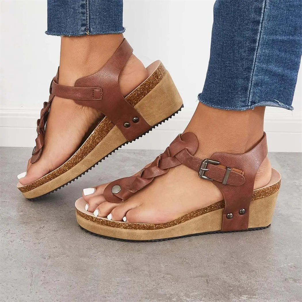 Boho Braided T-Strap Sandals Cork Platform Wedges