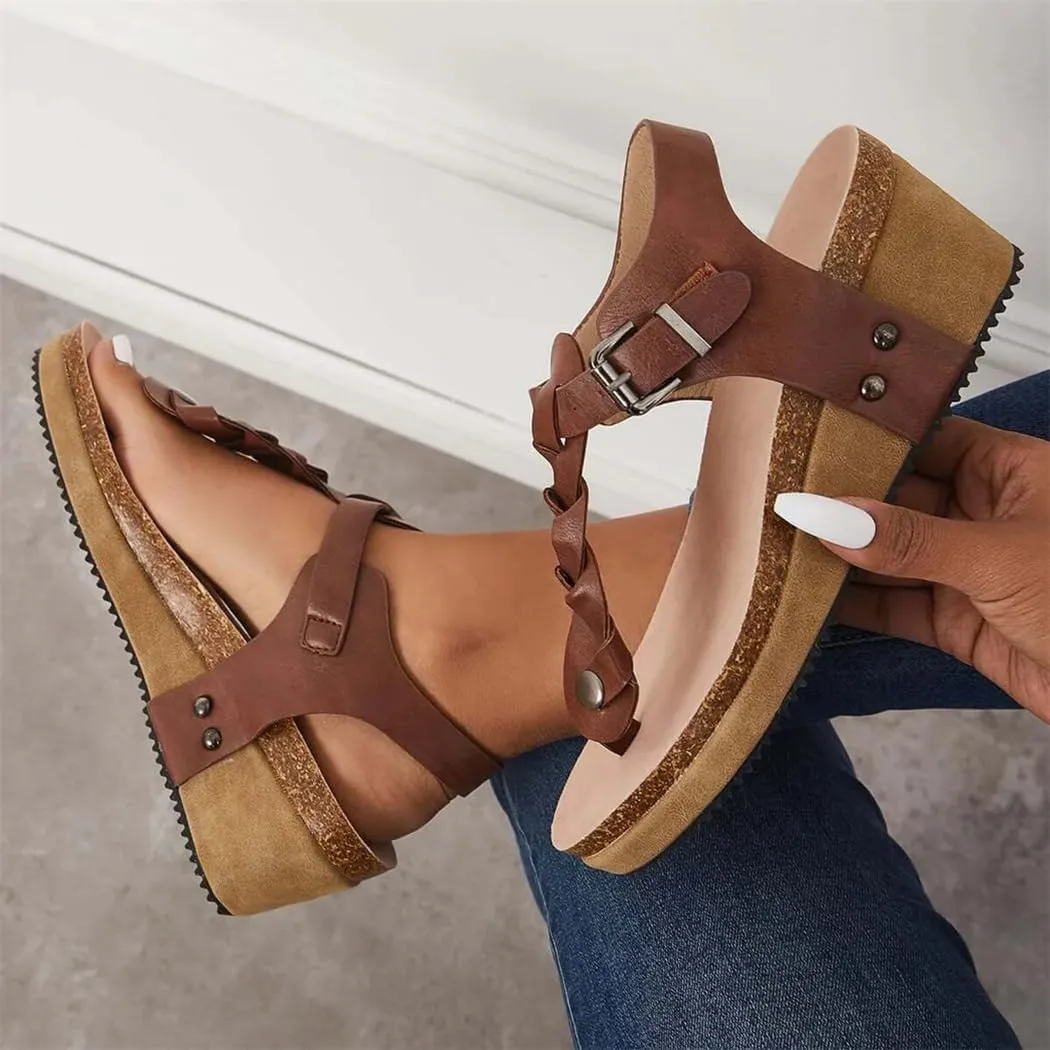 Boho Braided T-Strap Sandals Cork Platform Wedges