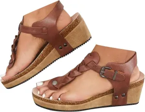 Boho Braided T-Strap Sandals Cork Platform Wedges