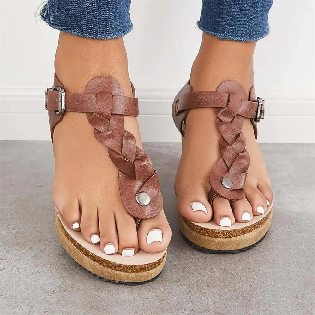 Boho Braided T-Strap Sandals Cork Platform Wedges