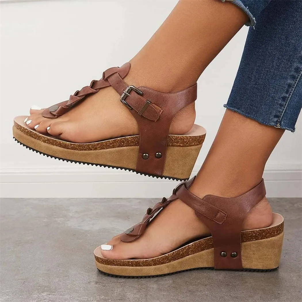 Boho Braided T-Strap Sandals Cork Platform Wedges