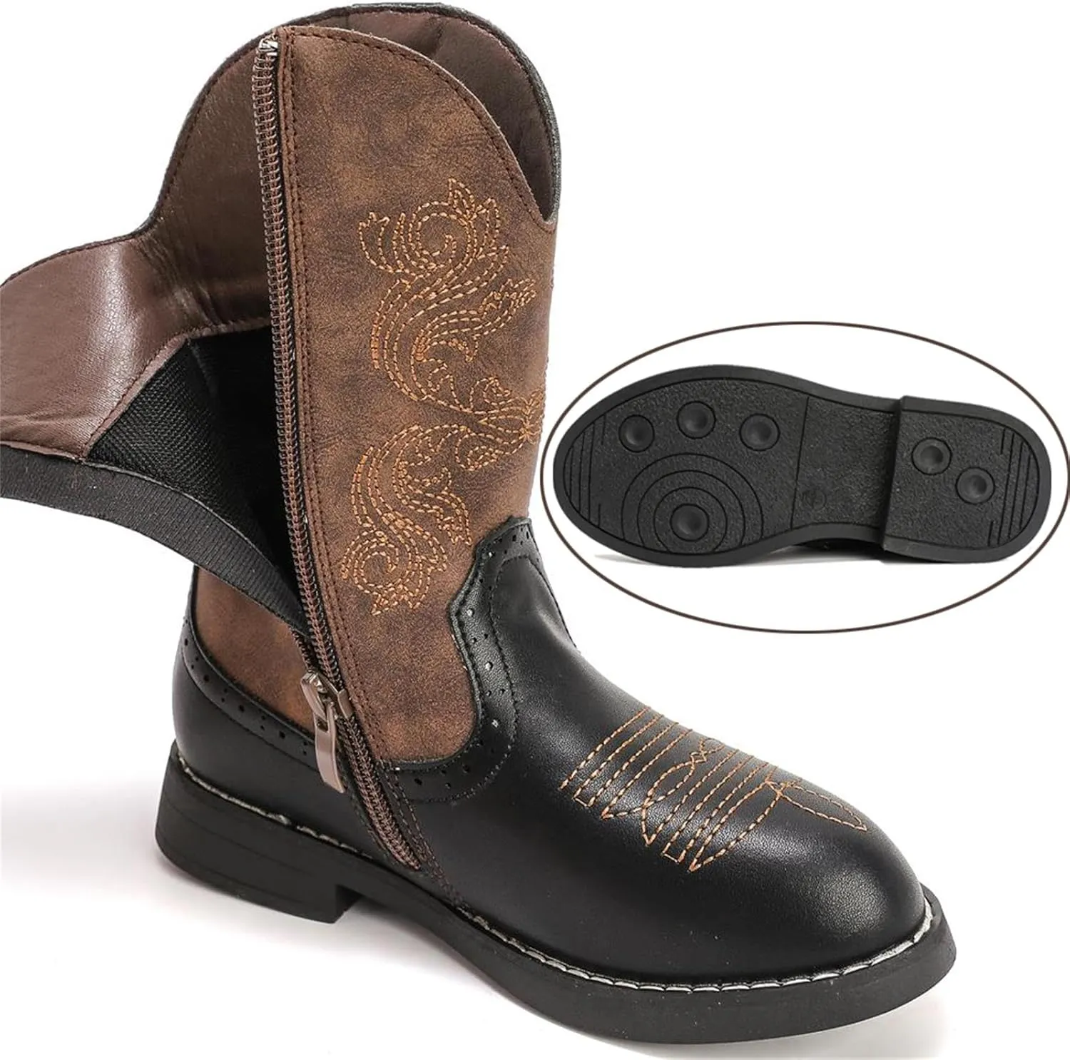 Boys Girls Western Cowgirl Cowboy Boots Side Zip Mid Calf Riding Boots
